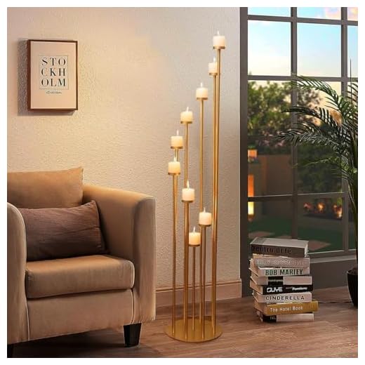 Fullvaseer Gold 9 Arm Pillar Candle Holder,Metal 9 Arm Candelabra for Christmas Wedding Home Halloween Party Decoration(46.3inch)