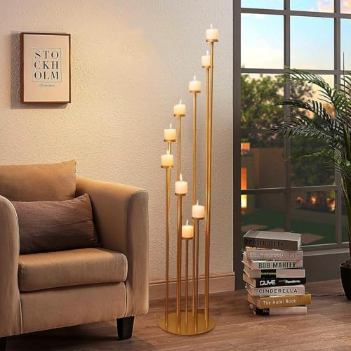 Fullvaseer 9 Arm Candelabra,Floor Candle Holders Tall Set for Wedding Aisle Decoration,Gold Candelabras for Fireplace,Candle Stand Fit for Flameless or Wax(46.3inch)