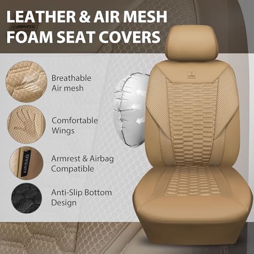 Image of CAR PASS 3D Foam Mesh Leather Car Seat Covers Full Set, Tan Breathable Mesh Faux Leather Seat Covers for Car, Universal Fit for SUV Truck Sedan Automotive, Armrest Airbag Compatible, All Beige