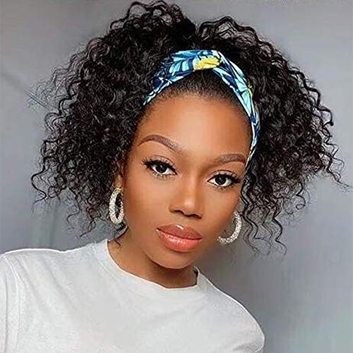 Abbily Hair Curly Human Hair HeadBand Wigs Human Hair for Black Women Glueless 9A Grade Brazilian Virgin Human Hair Headband WigS 150% Density Machine Made Wigs Natural Color(14 Inch Headband Wig)