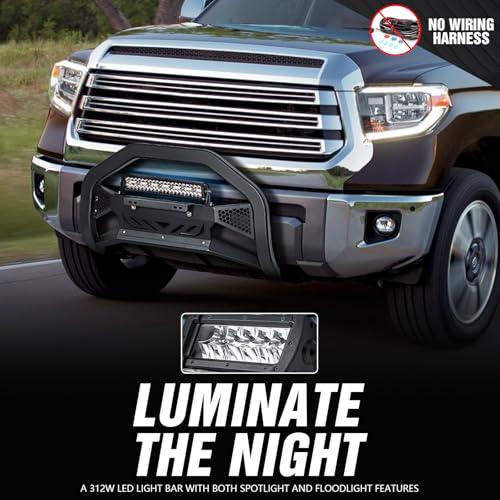 Image of YZONA Bull Bar with License Plate Frame & LED Light Bar Compatible for 2007-2021 Toyota Tundra, Truck Grille Guard Brush Push Bar Front Bumper (Include Light Mount & Skid Plate)