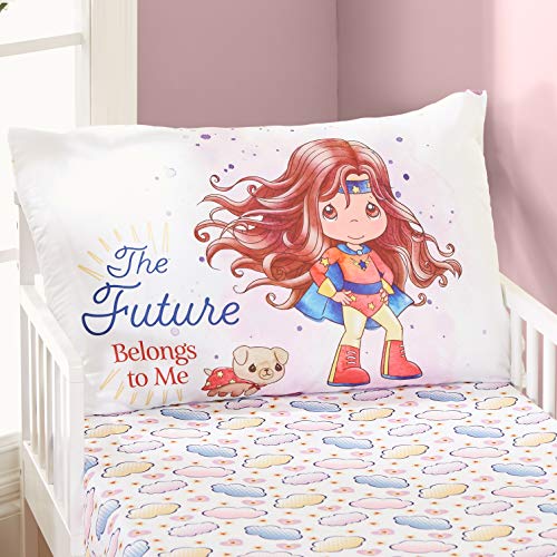 Image of EVERYDAY KIDS Precious Moments 4 Pc Toddler Bedding Set Starring Isabella The Super Hero and Her Dog Comforter, Flat Sheet, Fitted Sheet and Pillowcase in Lavender (Light Purple), White and Red