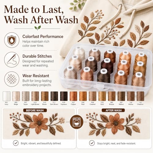 Image of Simthread 15-Color Polyester Machine Embroidery Thread Set, Brown Series | 15 coordinated 1000M polyester spools for machine embroidery, quilting, patches, monograms and everyday sewing.