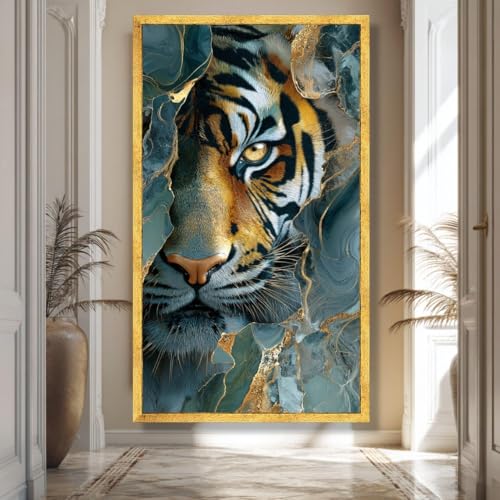 Toile abstraite animal sauvage marbre doré bleu cadre 30x50