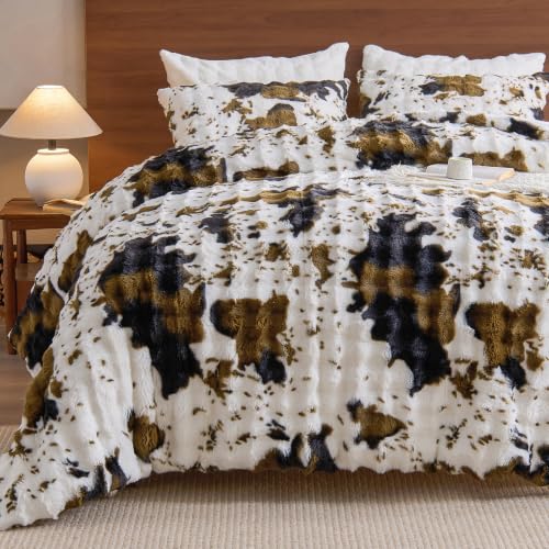 Image of EMME Fluffly Faux Rabbit Fur Bubble Comforter Set Twin, Cow Print