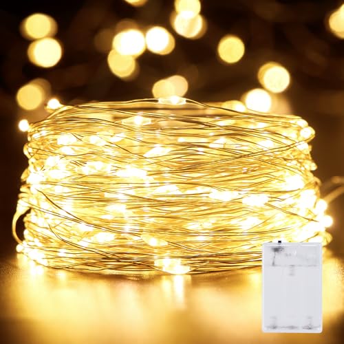 Minetom Fairy Lights Battery Operated, 33FT 100 LED Waterproof Silver Wire String Lights, Long...