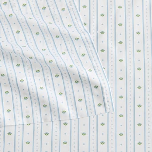 Image of Martha Stewart - Queen Size Sheet Set, Crisp & Tailored Sheets with a Smooth Cotton Percale Feel - Floral Bed Sheets with Matching Pillowcases & Fitted Sheet (Floral Stripe Blue)