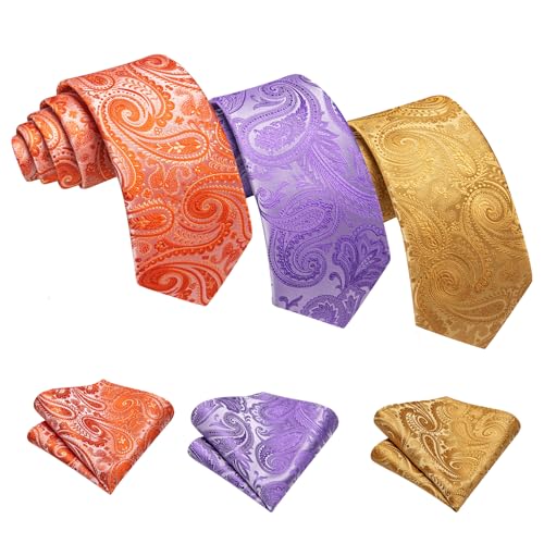Image of Barry.Wang 6 PCS Men Ties Set Silk Business Fashion Woven Necktie Handkerchief Cufflinks Paisley Stripe Wedding Party