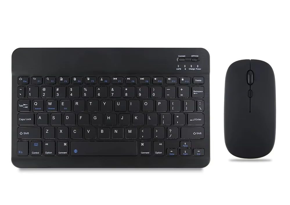 Ultra-Slim Small Bluetooth Keyboard and Mouse Combo Portable Rechargeable Cordless Wireless Keyboard for Android Tablet Cell Phone Samsung Smartphone iPhone iPad Mini Pro Air Windows Surface (Black)