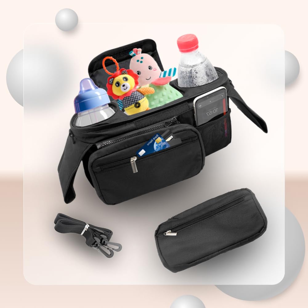 Universal Stroller Organizer with Insulated Cup Holder Detachable Phone Bag and Shoulder Strap, Stroller Bag Caddy Organizer Accessories Fits for Most Strollers, Baby Jogger