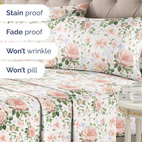 Image of Queen 4 Piece Floral Sheet Set - Soft, Breathable & Cooling - Secret Garden | 1 Flat, 1 Fitted & 2 Pillowcases w / Deep Pockets, Boho Botanical Floral Bedding, Breathable & Cooling, Wrinkle & Fade Free