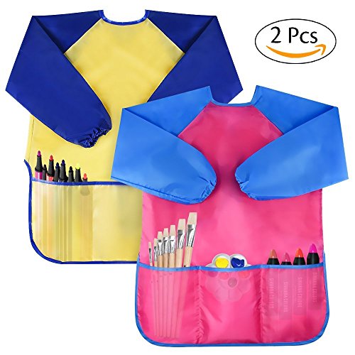 Amaza 2Pcs Grembiule da Pittura Scuola Grembiulino Maniche Lunghe Bambini 2-8 Anni (Giallo & Rosa)