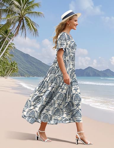 Image of YESNO Women's Summer Maxi Dresses Casual Floral Short Sleeve V Neck Boho Beach Vacation Swing Dress with Pockets EVF