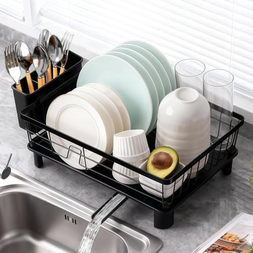 MHDCLY Dish Drainer Rack Dish Drying Rack Dish Rack Dish Racks with Drain Board Kitchen Accessories Draining Board Rack with Cutlery Holder Over Sink Stainless Steel 29 x 38cm Black