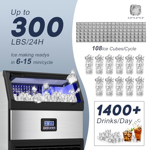 Image of SOZT Commercial Ice Maker Machine 300LBS /24H, 75LBS Storage