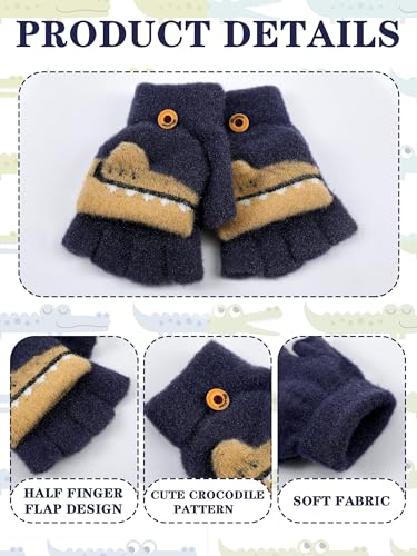 SATINIOR 2 Pairs Winter Kids Fingerless Gloves Toddler Finger Mittens Knit Convertible Half Finger Mitten Flap Aged 3-10(Navy Blue, Dark Grey,Crocodile)4