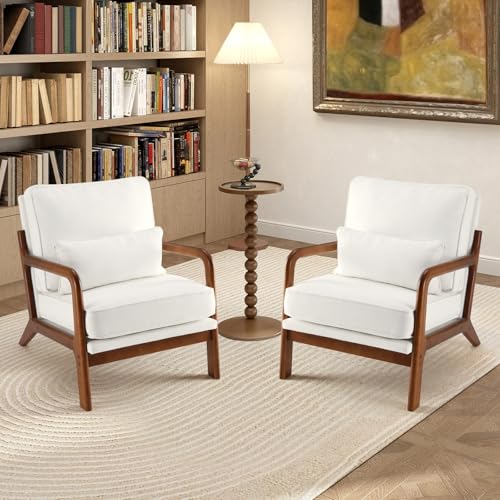 DUMOS Accent Chairs Set of 2 Mid Century Modern Chair with Arms and Waist Cushion Reading Chairs for Adults Lounge Chair for Living Room and Bedroom Solid Wooden Frame Cream