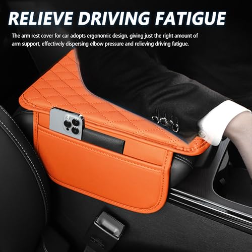 Image of Stacool Upgraded Car Center Console Cover,Microfiber Leather Car Armrest Cover Cushion with 2 Storage Bags,Universal Car Armrest Storage Box (Orange)