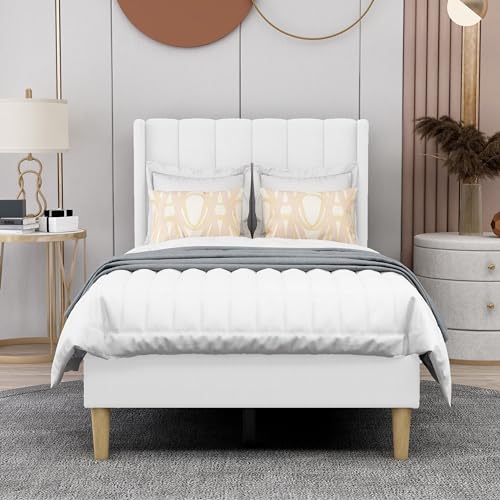 Image of AGARTT Upholstered Platform Bed Frame Twin Size, White Linen