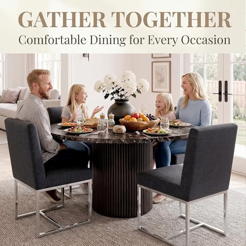 Image of HNY Modern Dining Chairs Set of 4, Upholstered Linen Dining Room Chairs with Ergonomic Back & Polished Silver Metal Frame for Home, Kitchen, Apartment, Charcoal Black
