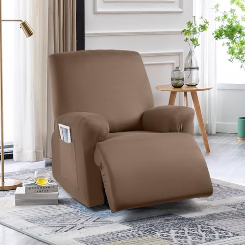 Image of TAOCOCO Stretch Recliner Chair Covers 3-Pieces Solid Furniture Covers Recliner Cover for Reclining Chair Slipcovers Feature Fitted Soft Washable Recliner Sofa Covers (1 Seat, Light Coffee)