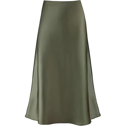 Women's Satin High Waist Hidden Elasticized Waistband Flared Casual A Line Midi Skirt