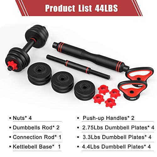 PINROYAL 4 in 1 Adjustable Dumbbell Set, 44LB Free Weights Dumbbells Set with Connecting Rod Used as Barbell, Non-Slip Handles 