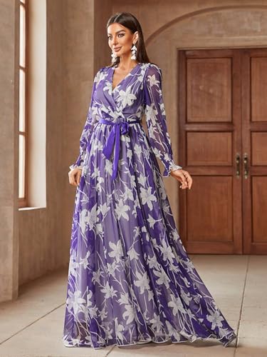 Image of TOLEEN Summer Casual Dresses for Women 2024 Spring Fashion Boho V Neck Long Sleeve Ruffle Floral Print Elegant Maxi Dress
