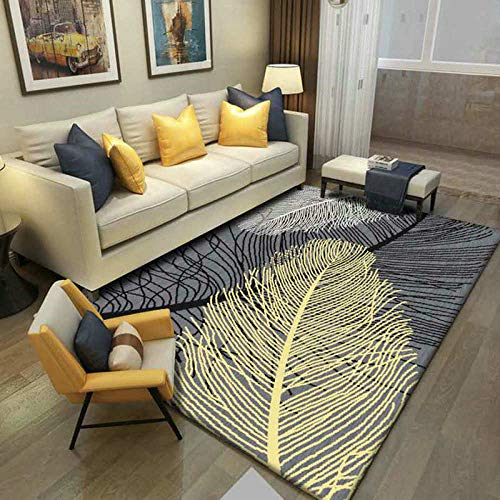 DLSM Moderne Mode gelbe graue Linie Feder gedruckt Teppich Korridor Bad Küche Büro Sofa Wohnzimmer Schlafzimmer dekorativen Teppich-160 x 230 cm Cover