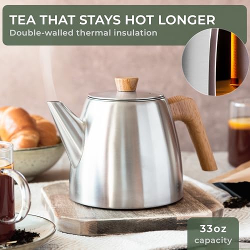 Image of WALDWERK Tea Pot with Infuser - Double Wall Stainless Steel Teapot - Tea Pot with Infuser for Loose Tea - Made from 304 Stainless Steel and Oak Wood - Isolated Teapot with Strainer - 100% Drip Free