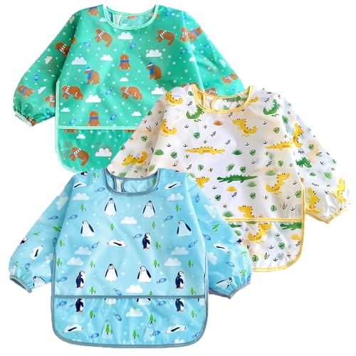 Image of PandaEar 3 Pack Waterproof Long Sleeve Baby Bibs for Eating & Messy Play, Toddler Smock with Food Catcher Pocket, Lightweight Reusable Feeding Apron for Infant 6-36 Months (Blue)