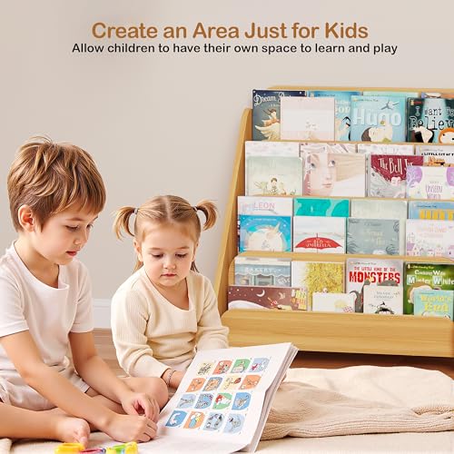 Image of Lkeiyay Montessori Kids Bookshelf, Wooden 4-Tier Front Facing Book Organizer for Nursery Classroom Kids Room