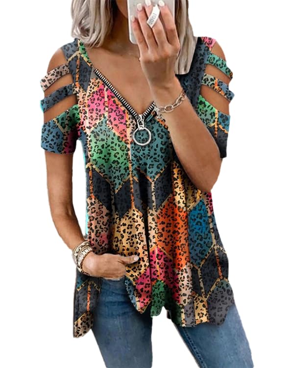 DEPENSL Women's Cold Shoulder Tops Cute Summer V Neck Loose Hollow Out Short Sleeve T Shirts Zipper Heart Print Blouse