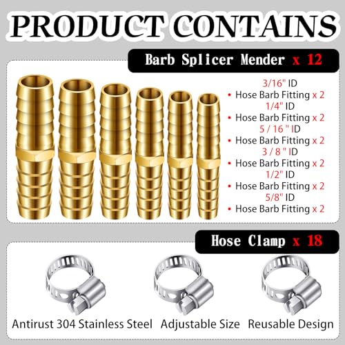 Yaocom XIE-YAOCOM-120 12Pcs Brass Hose Barb Union Fitting Barb Splicer Mender Joiner Hose Fitting With 18Pcs Stainless Steel Pipe Hose Clamp thumb #1
