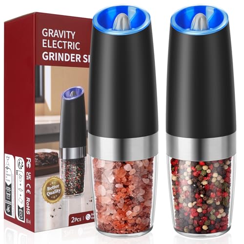 Hotec Lot de 2 moulins à poivre et à sel électriques de 9 oz - Haute capacité - Fonctionne avec piles AAA - Avec capteur de gravité - 6 niveaux de mouture...