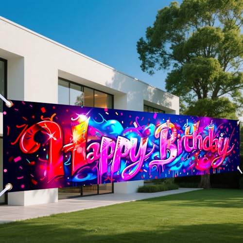 Image of Nuxovilar Graffiti Birthday Banner 78x17 inch Polyester | Party Decor, Birthday Event, Home Gathering, Indoor Backdrop, Wall Accent (Neon)