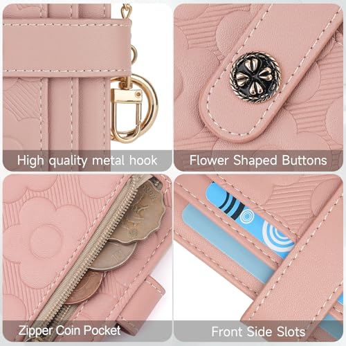 RFID Wallet Women,Slim Small Wallets Embossed Flower Leather Bifold Compact Ladies Girls Wallet with Credit Card Holder Zipper Coin Pocket Pink4
