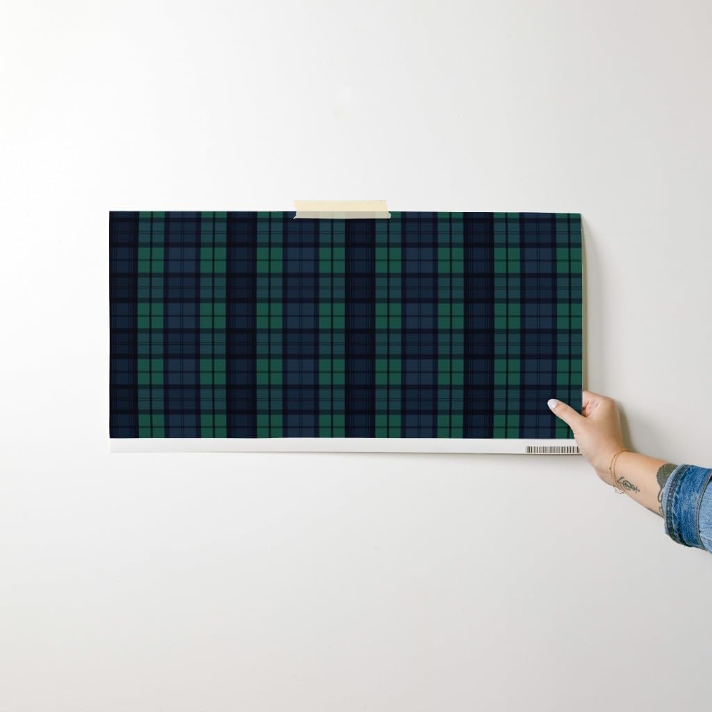 Peel & Stick Wallpaper Swatch - Dark Green Plaid Navy Winter Tartan Custom Removable Wallpaper by Spoonflower