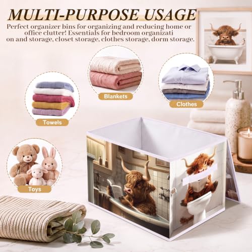 Image of Briwooody Highland Cow Storage Bin with Lid and Carrying Handle