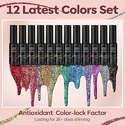 Modelones Glitter Gel Polish Nail Art Gel Liner Set-12 Colors Metallic Silver Gold Green Red Purple Gel Paint For French Tip Swirl Nails Design Soak Off Built Thin Brush Sparkle Nail Art Supplies #TOP3
