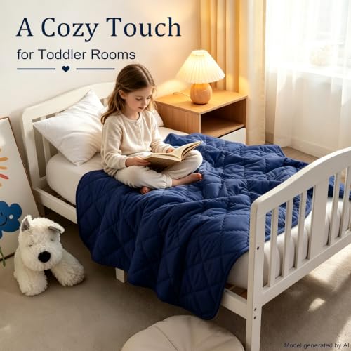 Image of BEDSUM Toddler Quilt 43x60, Microfiber Kids Quilt Toddler Bed, Navy Blue | Lightweight Soft Comfort for Toddler Beds, Daycare, Preschool Naps, Boys Girls, Machine Washable All Season Toddler Comforter