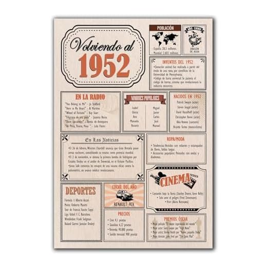 Tarjeta Regalo Cumpleaños 1952 / Felicitación Aniversario / Póster Vintage Año de Nacimiento 1952 / Cartel Decoración Fiesta Época / Celebración Hombre o Mujer / Regalo Original y Especial