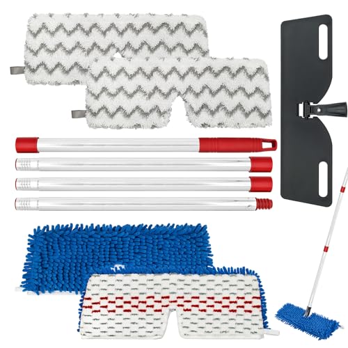 Hezane Flip Mop Set for O-Cedar Hardwood Floor More 3-Action Mop 2PCS Double-Sided mops Head 2PCS Heavy Duty Frosted Pads and Mop Handle Hardwood Floor Mops for Dry and Wet Use