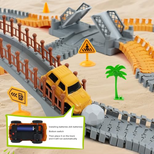 Image of Construction Race Car Track Set for Kids - Flexible Engineering Toys with 2 Electric Cars, Birthday Gift for 3 4 5 6 7 Year Old Boys, DIY Road Games Playset with 220+ PCS