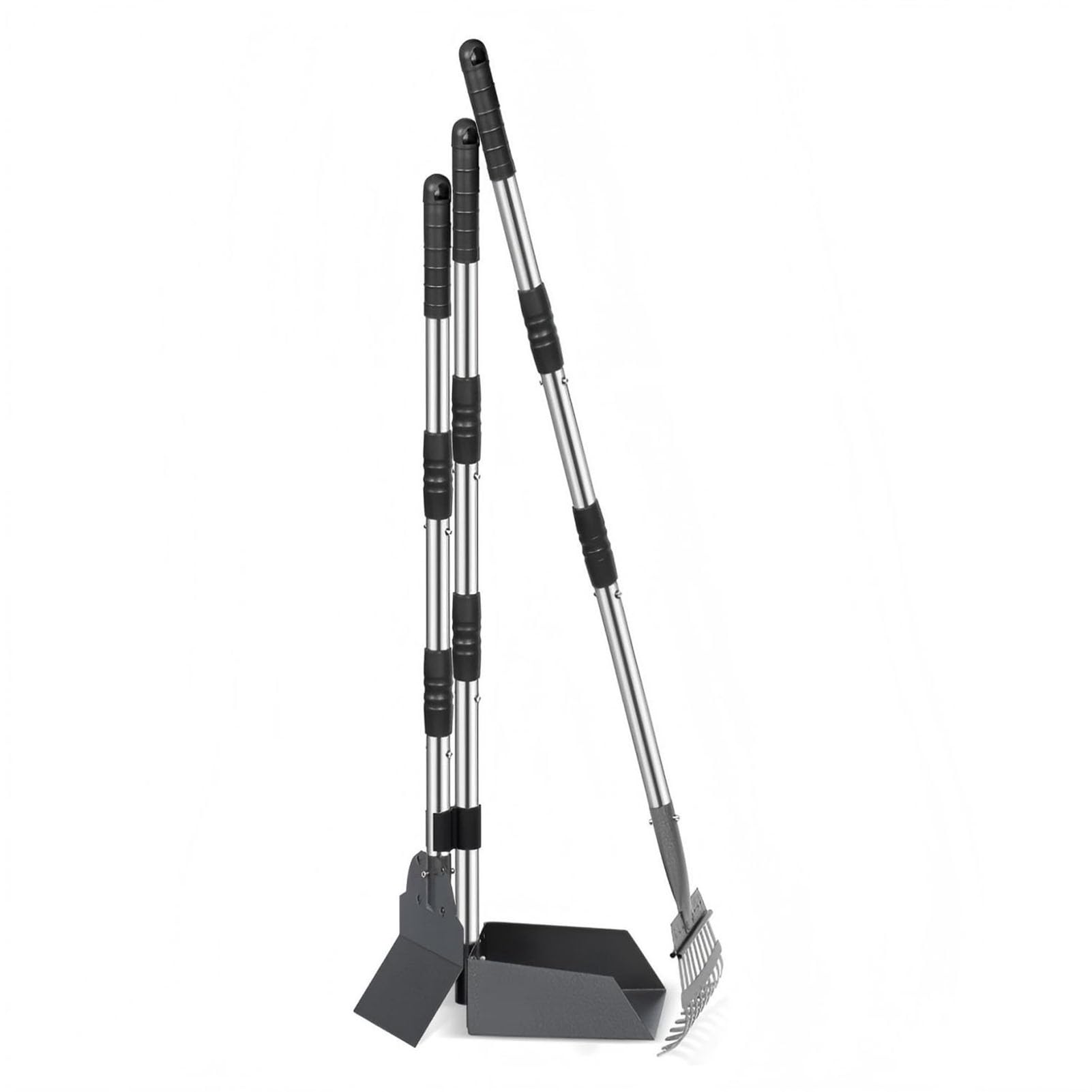 RIZGHWOY Set Paletta per Escrementi, Manico Regolabile da 37 Pollici, Acciaio Inossidabile (Black) | Antiruggine, montaggio in 1 minuto, vassoio lavabile con risciacquo, pieghevole, con rastrello e vanga, meno sacchetti, per