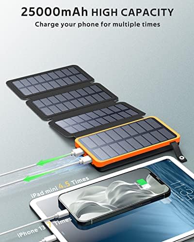 FEELLE Solar Charger 25000mAh Power Bank with Dual 2.1A USB Ports, 4 Solar Panels External Battery Pack Outdoor Waterproof Solar Phone Chargers for Smartphone, Tablets, Camera and Other Devices