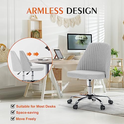 Image of Sweetcrispy Armless Vanity Chair, Cute Comfy Home Office Desk Chair with Wheels, Modern Upholstered Task Computer Seat for Bedroom, Study, Makeup Vanity, Height Adjustable & Swivel, Classic Gray