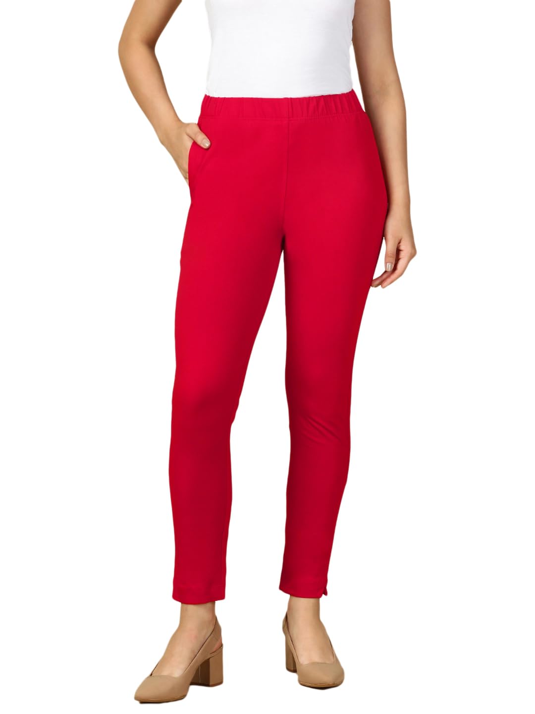 pynk Women's Solid Premium Cotton Lycra Kurtipant with Side Pocket | Regular Fit Elastic Waist Full Length Kurtipant - Free Size-picture-32