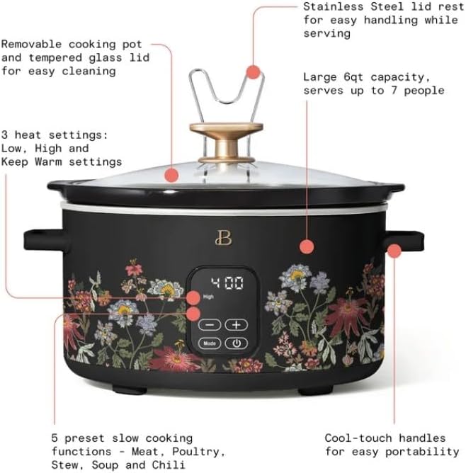 Beautiful 6~Quart Programmable Slow Cooker, Wildflower Black~Sesame by Drew Barrymore,Touch-activated display,Dishwasher Safe Removable Ceramic Pot And Tempered Glass Lid.