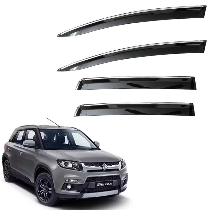 Image of CAR SAAZ Unbreakable Side Window Door Visor for Brezza (2016-2019)| Chrome Smoke Finish | Rain & Wind Deflector - Set of 4 Pcs
